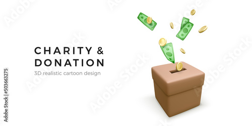 Brown donation box with falling gold coins. 3D realistic charity and donation concept for mobile app or online service