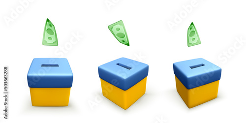 Set of falling green paper dollars into donation box colour in national Ukrainian flag. Fundraising for victims of the war in Ukraine