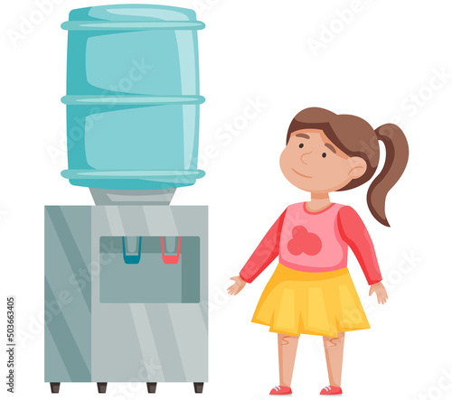 Cartoon vector small girl standing near water cooler and looks up in hospital. Child stands near container of water isolated on white, wants to drink. Kid thirsty near device with warm and cold liquid