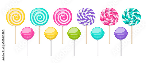 Fotografia Sweet lollipops, spiral and round hard sugar candies on stick