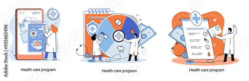 Health care program metaphor, online medical services, protection medicine. Medical insurance, hospital services, preventive check up, sick leave certificate treatment diagnosis patients, telemedicine