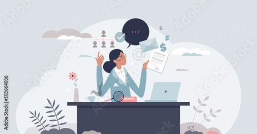 School principal or kindergarten management female leader tiny person concept. Woman as business boss or education facility finance, human resource and secretary professional work vector illustration.