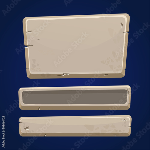 Stone buttons collection, set of rock assets in cartoon style isolated on white background. Mineral detailed objects ui game interface, app pannel.