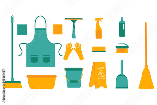 A set of cleaning equipment bucket, basin, broom, gloves, brush, sponge, apron, napkins, spray gun, sign, carefully wet floor. Vector illustration isolated on white background