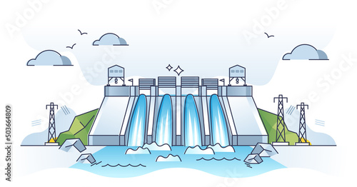 Hyro energy plant or hydroelectricity for power production outline concept. Facility with dam, turbine and generator on river stream to produce nature friendly or green electricity vector illustration