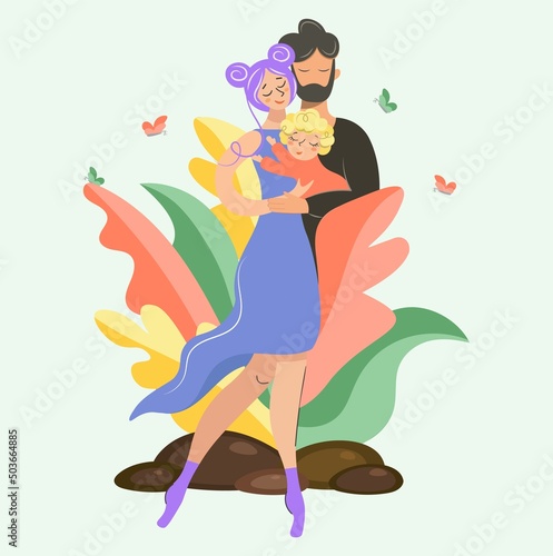 Happy rich family in colorful leaves and butterflies mother, son, daughter hugging. Father, mother and child with warmth and love, the concept of a happy family full of love. Isolated flat vector.