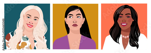 Set of portraits of women of different gender and age. Diversity. Vector flat illustration. Avatar for a social network. Vector flat illustration
