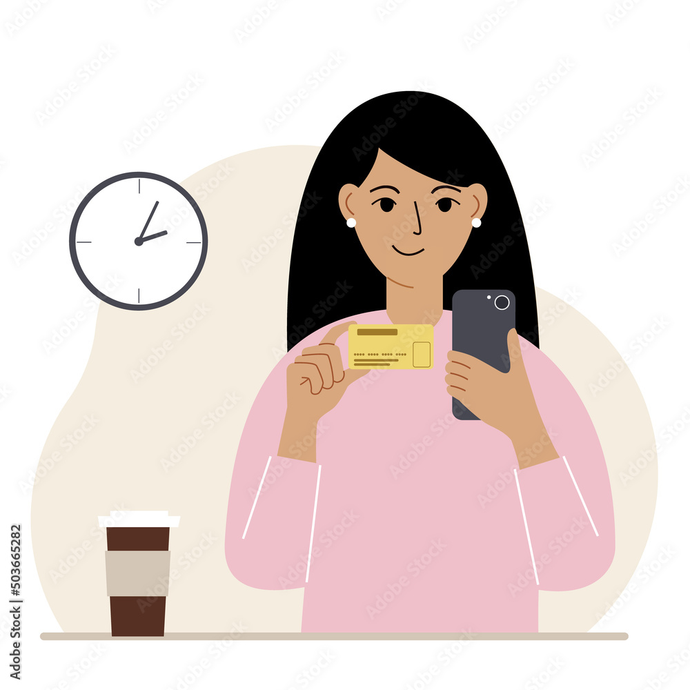 A woman with a mobile phone in her hand holds a bank card. Concept credit, deposit, payment, debit online. Vector A woman with a mobile phone in her hand holds a bank card. Concept credit, deposit, payment, debit online. Vector