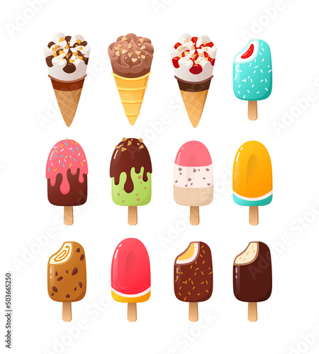 Cartoon ice cream and popsicles with various flavours, icings, toppings and sundae. Ice cream dessert food in chocolate strawberry pistachio mint and vanilla glazing.   Vector illustration part 1 of 3