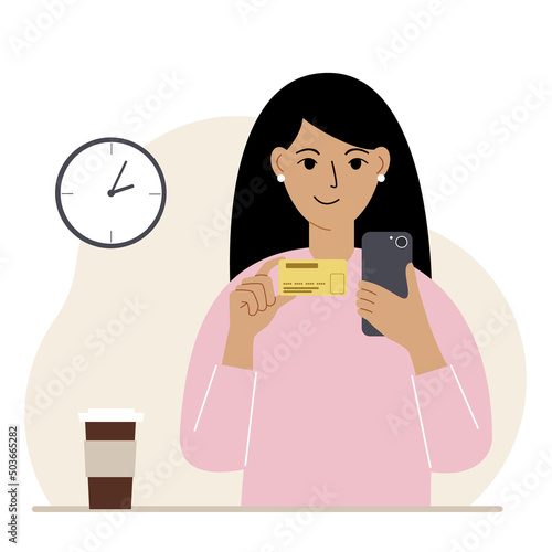 A woman with a mobile phone in her hand holds a bank card. Concept credit, deposit, payment, debit online. Vector