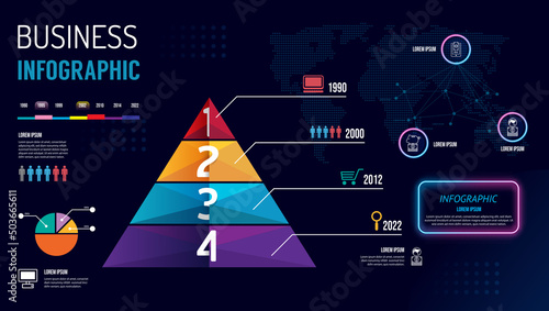 Vector infographic pyramid label template with icons. online business icon neon. Can be used for infographics, flow charts, presentations, websites, banners, printed materials.