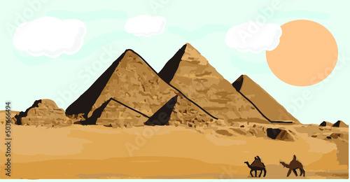 Drawing pyramids and desert in Giza  Egypt. Vector illustration