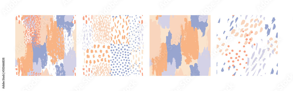 Obraz premium Hand drawn brush strokes seamless pattern set. Abstract hand painted dots, spots, dashes, lines background