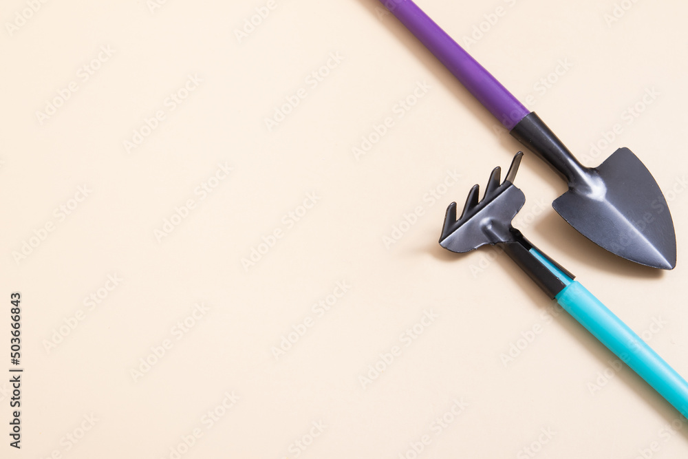 Shovel and rakes for gardening. flat lay. The concept of spring planting Shovel and rakes for gardening. flat lay. The concept of spring planting
