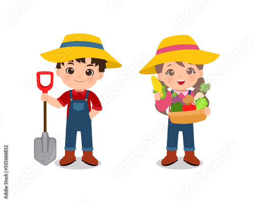 Cute farmer boy and girl with fresh vegetables clipart. Flat vector cartoon design