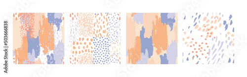 Hand drawn brush strokes seamless pattern set. Abstract hand painted dots, spots, dashes, lines background