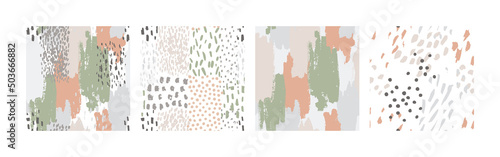 Hand drawn brush strokes seamless pattern set. Abstract hand painted dots, sp...
