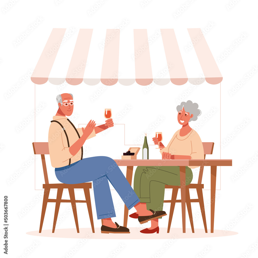 An elderly couple is drinking wine in a cafe. Relationships and friendships of older people. Vector illustration.