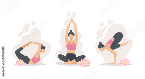 Yoga poses. Young woman doing yoga. Healthy lifestyle. Vector collection of female characters demonstrating different yoga poses isolated on white background