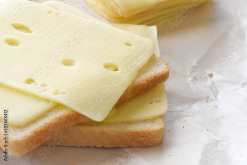 Cheese sandwich.  Cheese slices on bread. 