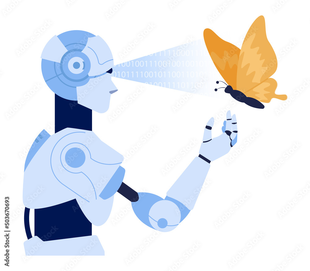 Robot concept. Futuristic character interact with nature. Humanoid Robot concept. Futuristic character interact with nature. Humanoid