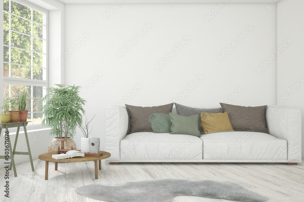 Fototapeta premium White living room with sofa and summer landscape in window. Scandinavian interior design. 3D illustration