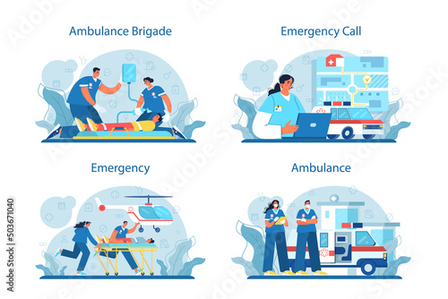 Ambulance concept set. Emergency doctor in the uniform performing