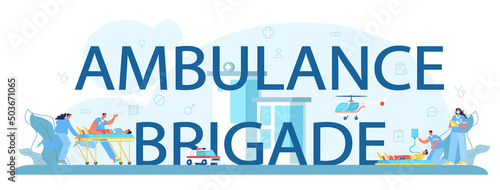 Ambulance brigade typographic header. Emergency doctor in the uniform