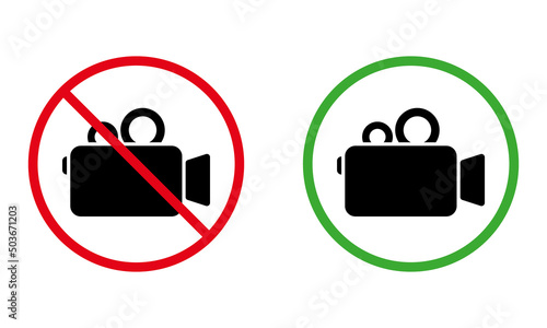 Notice Recording Video Allowed Area Black Silhouette Icon Set. Video Camera Zone Ban Sign. Alert Video Camera Recording Zone Place Red Green Symbol. Warning No Camcorder. Isolated Vector Illustration