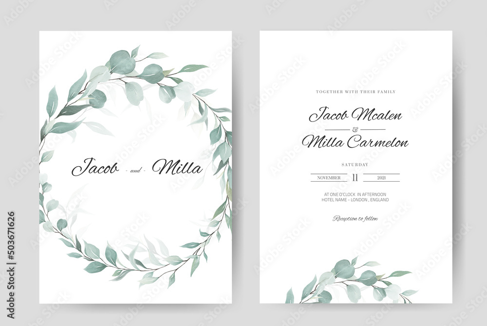 Wedding minimal invitation template card set.  Watercolor eucalyptus painting greenery color.