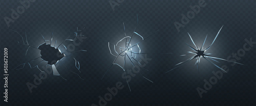 3d realistic vector icon set. Cracked crushed transparent glass with bullet holes. 