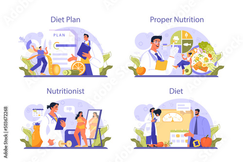 Nutritionist concept set. Nutrition therapy with healthy food and physical