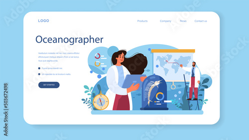Oceanographer web banner or landing page. Oceanology scientist.
