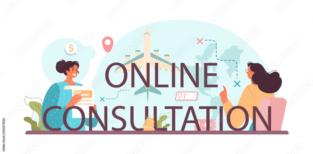 Fototapeta premium Online consultation typographic header. Tourism expert creating
