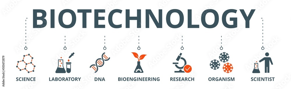 Biotechnology banner web icon vector illustration concept with icon of science, laboratory, dna, bioengineering, research, organism, and scientist