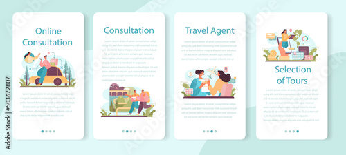 Tourism expert mobile application banner set. Agent creating and selling