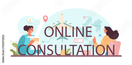 Online consultation typographic header. Tourism expert creating