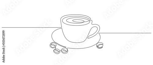 Cup drink with coffee beans in One continuous line drawing. Minimalist contour icon concept for cafe menu or logo and web banner in simple linear style. Editable stroke. Doodle Vector illustration