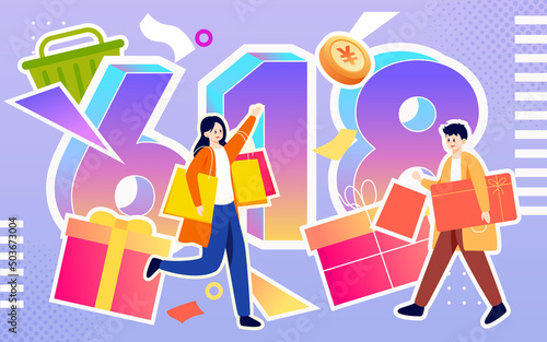 Boys and girls hold various shopping bags in their hands with various gift boxes and shopping bags in the background, vector illustration