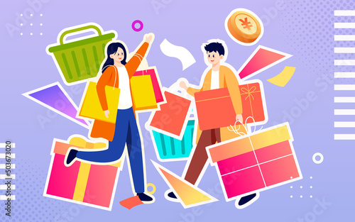 Boys and girls hold various shopping bags in their hands with various gift boxes and shopping bags in the background, vector illustration © lin