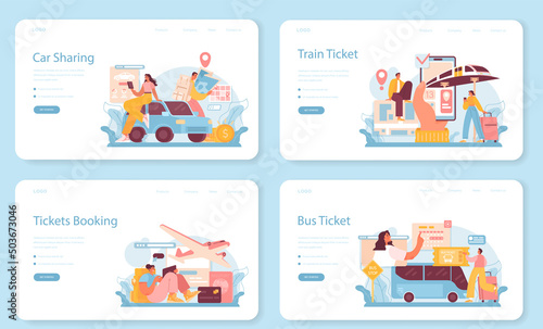 Trip booking web banner or landing page set. Buying a ticket for plane