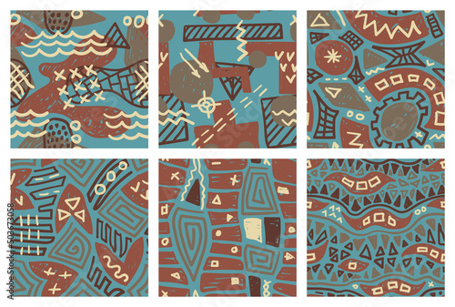 Seamless patterns set of memphis style hand drawn simple vector elements. Scribble ethnic decorations for fabric swatches design.