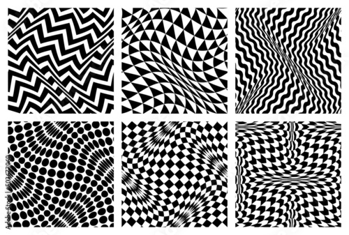 Optical art seamless patterns set. Psychedelic black and white fabric swatches design.
