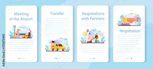 Travel agency mobile application banner set. Transfer, tourists