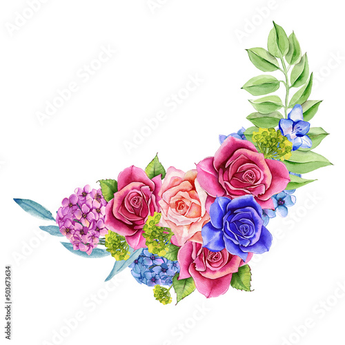 Blue and pink bouquet of flowers with delicate green leaves. Hydrangea  roses. Wedding watercolor garden beautiful bouquet of flowers in spring with greenery. illustration for print