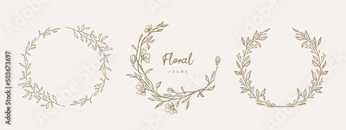 Hand drawn floral frames with flowers,  branch and leaves. Elegant logo template. Vector illustration for labels, 
branding business identity, wedding invitation photo