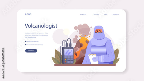 Volcanologist web banner or landing page. Geologist studying the processes