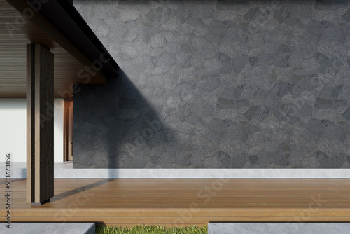 3d rendering of modern building with large stone cladding wall and wooden terrace. photo