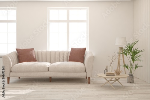 Modern living room in white color with sofa. Scandinavian interior design. 3D illustration