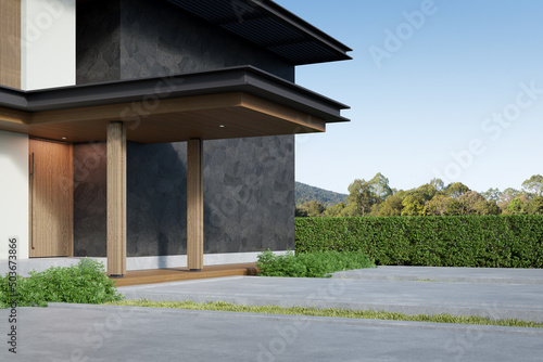 3d rendering of modern building with large wooden entrance door. photo
